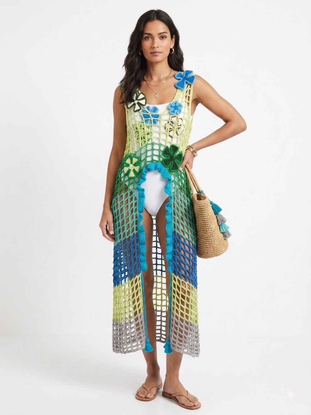 Finesse Crochet Mesh Swim Coverup in Blue, Green, Yellow and Gray